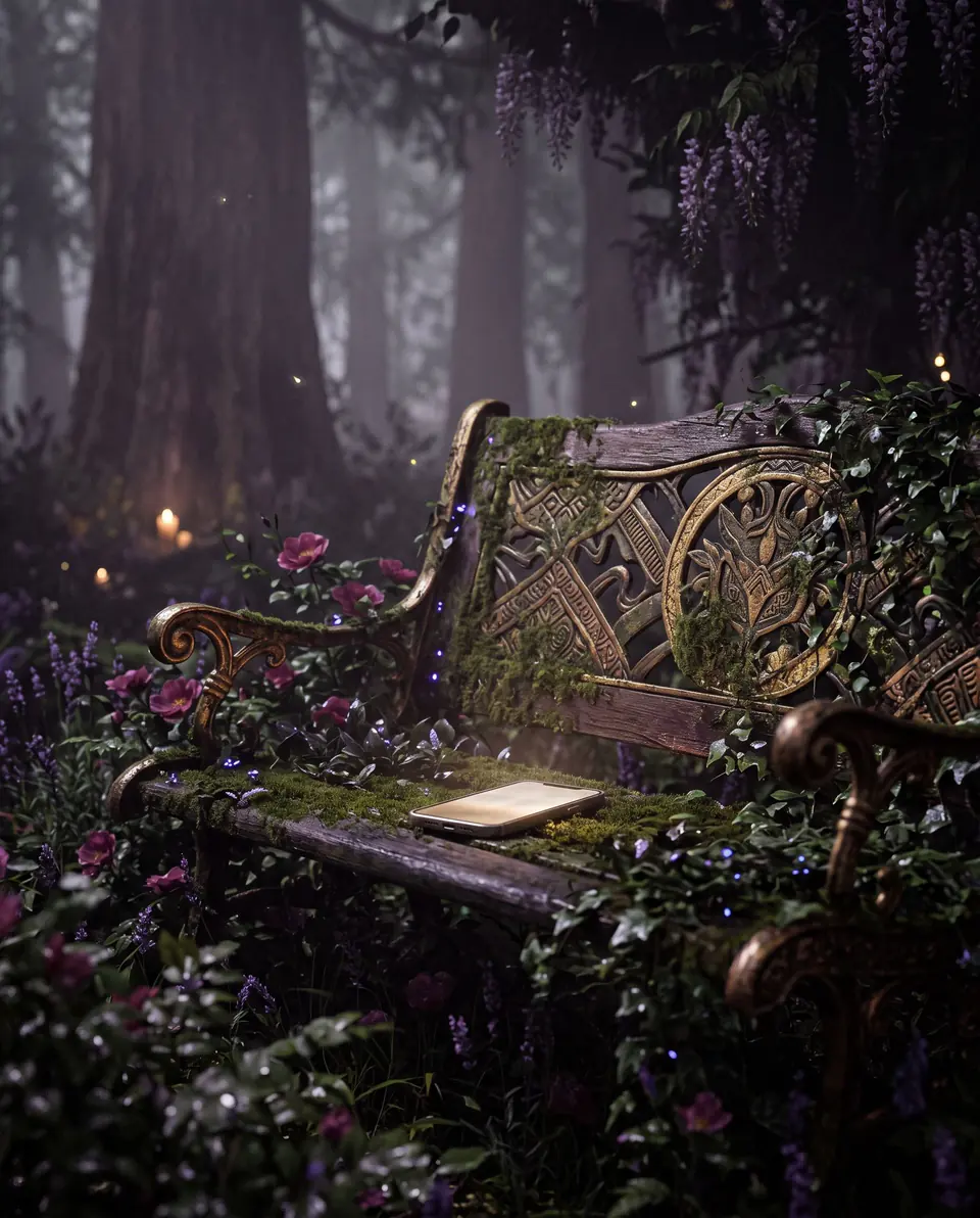 A phone on a mossy garden bench surrounded by roses and lavender at dusk