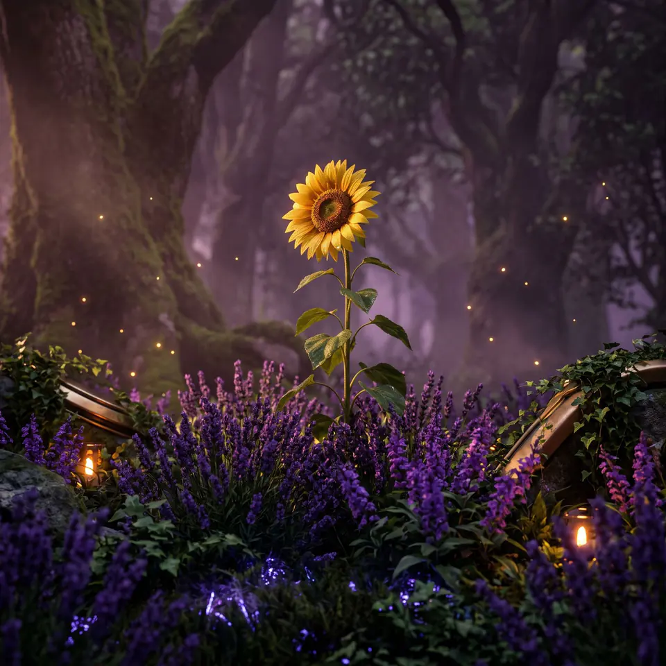 A sunflower in a garden at dusk