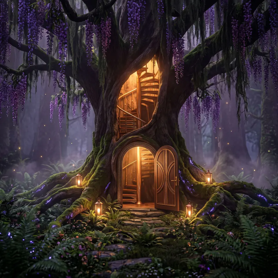 A wisteria in a garden at dusk