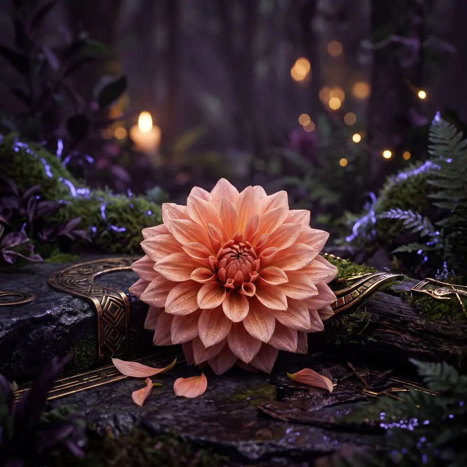 A dahlia in a garden at dusk