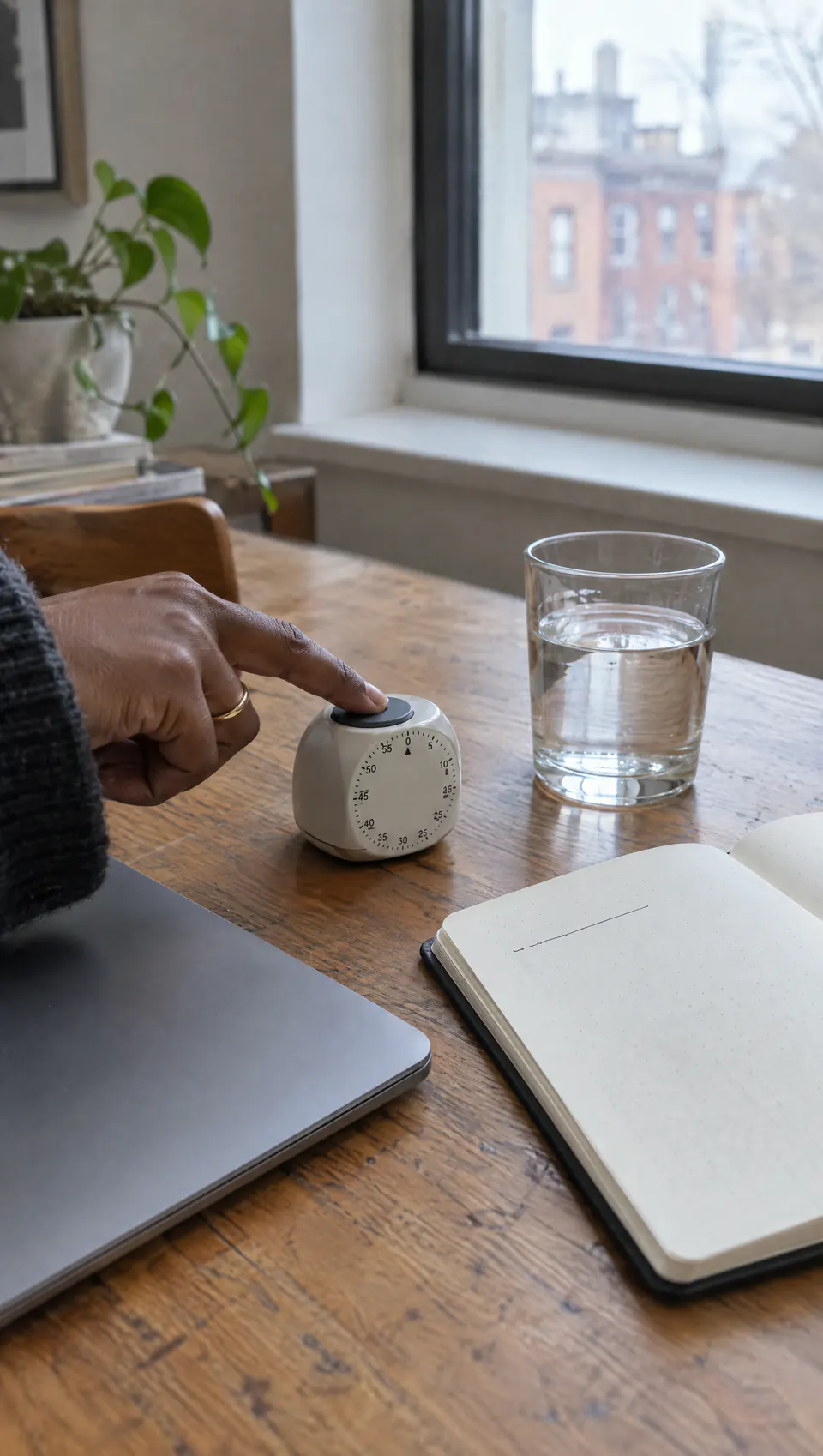 A hand pressing the start button on a small kitchen timer beside a closed laptop and an open notebook