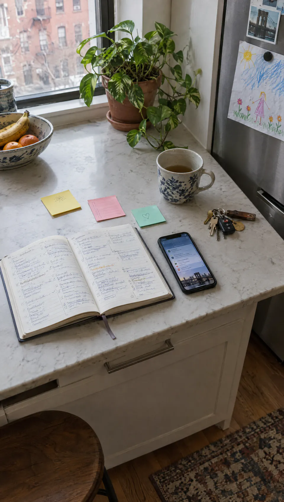 A kitchen counter in morning light with an open planner full of notes, sticky notes, a mug of tea, keys and a phone