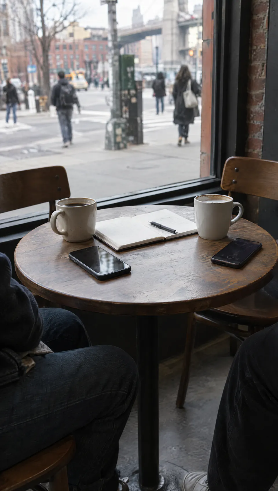 Two mugs, two phones and a shared notebook on a small cafe table by a window onto a Brooklyn street